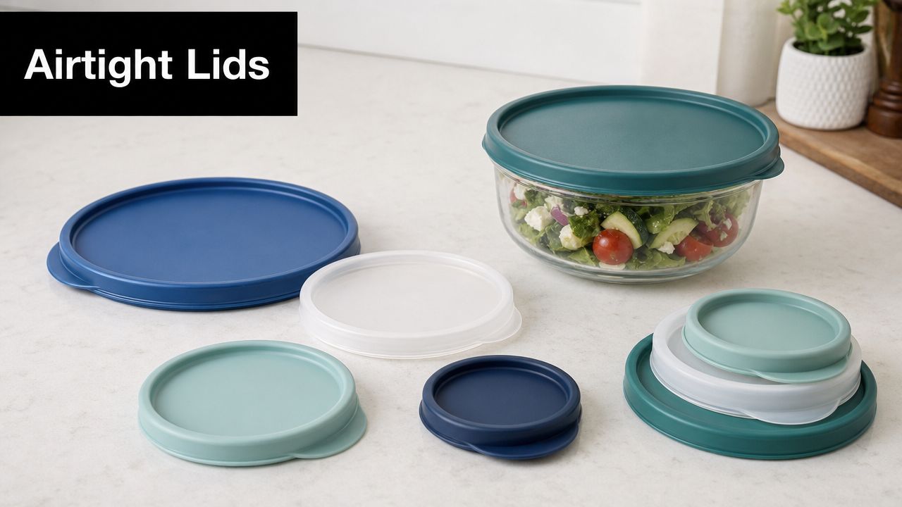 Several circular food storage container lids in various sizes and colors arranged on a kitchen countertop.