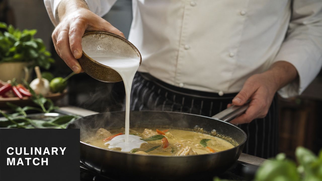 A professional chef pouring creamy organic coconut milk from a small bowl into a simmering skillet.