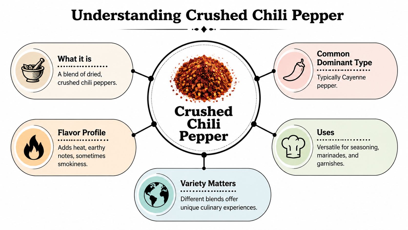 An infographic detailing facts about crushed chili peppers including its flavor, common types, and culinary uses.