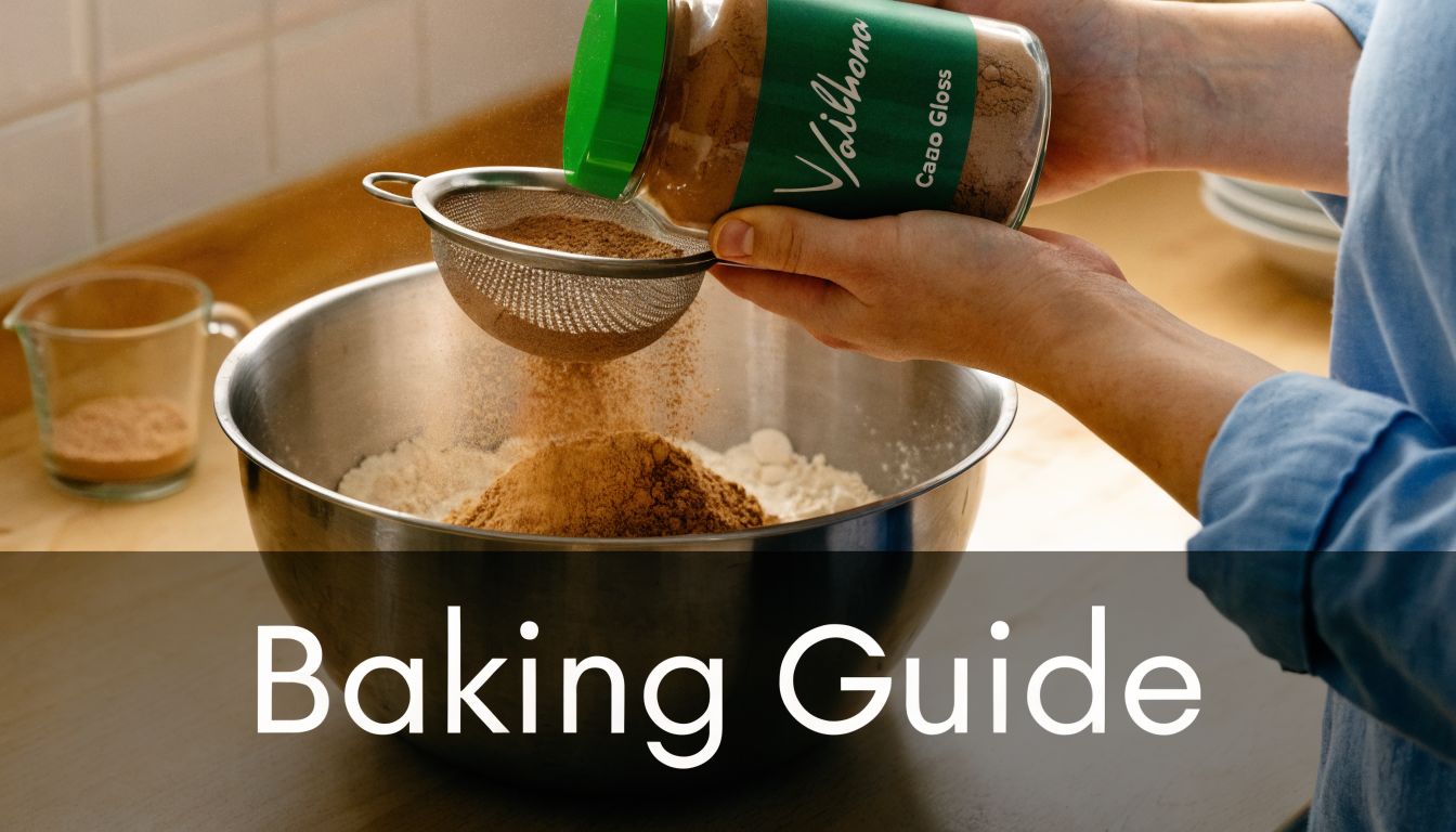 A person sifting Valrhona cocoa powder into a large metal mixing bowl for a baking recipe.