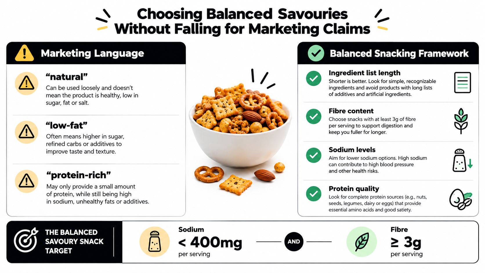 A guide on choosing balanced savory snacks by avoiding misleading marketing claims and following nutritional guidelines.