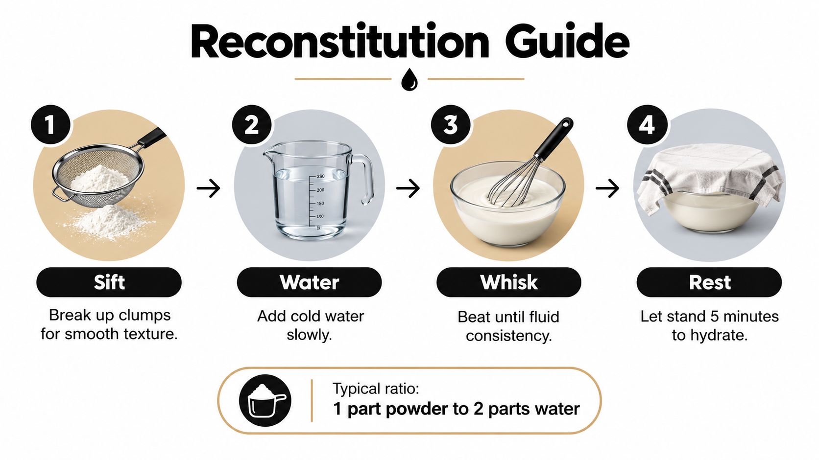 A four-step visual guide showing how to reconstitute powdered egg whites using water, a whisk, and a resting period.