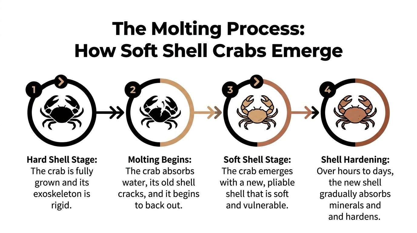 A four-step diagram illustrating the life cycle and molting process of a soft shell crab.