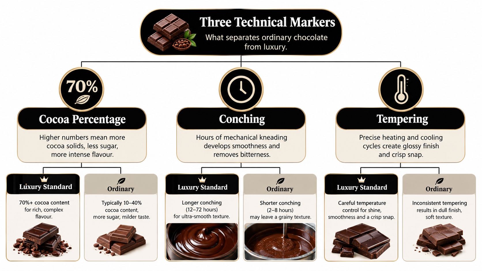 An infographic showing the three technical markers that distinguish luxury chocolate from ordinary chocolate production methods.