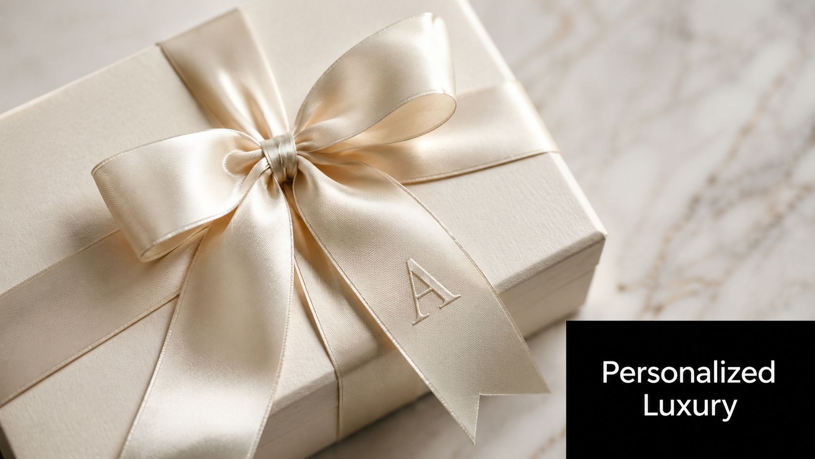 A sophisticated cream-colored gift box wrapped with a silk ribbon featuring the embroidered letter A