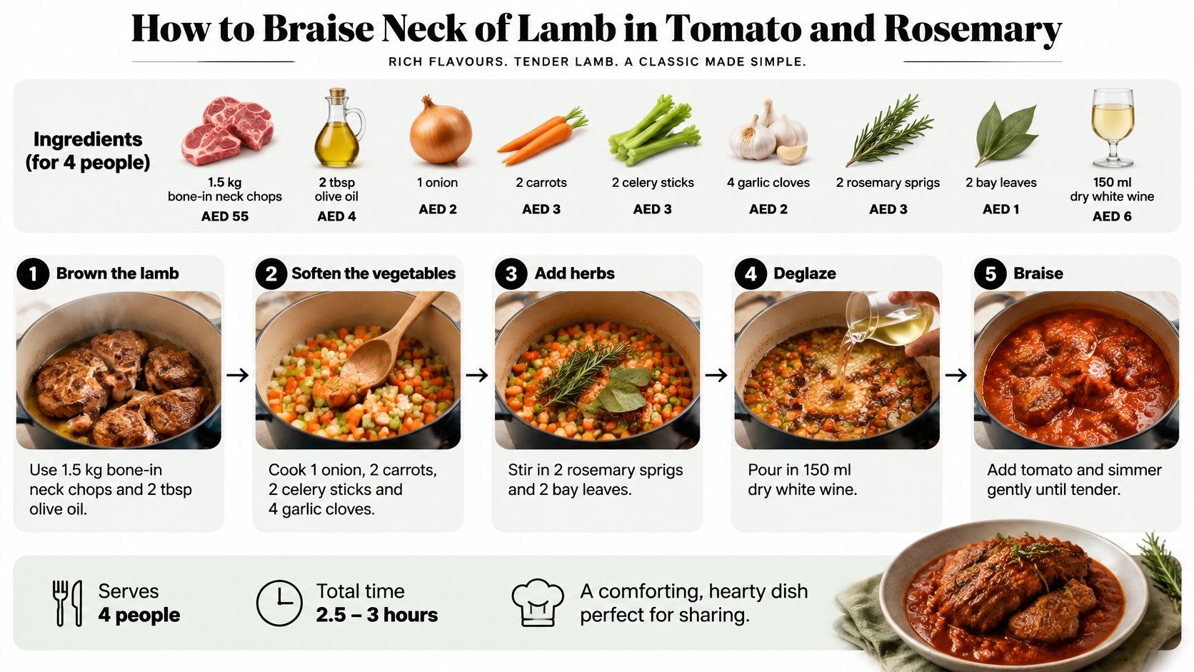 A step-by-step instructional infographic on how to prepare a braised neck of lamb with tomato and rosemary.