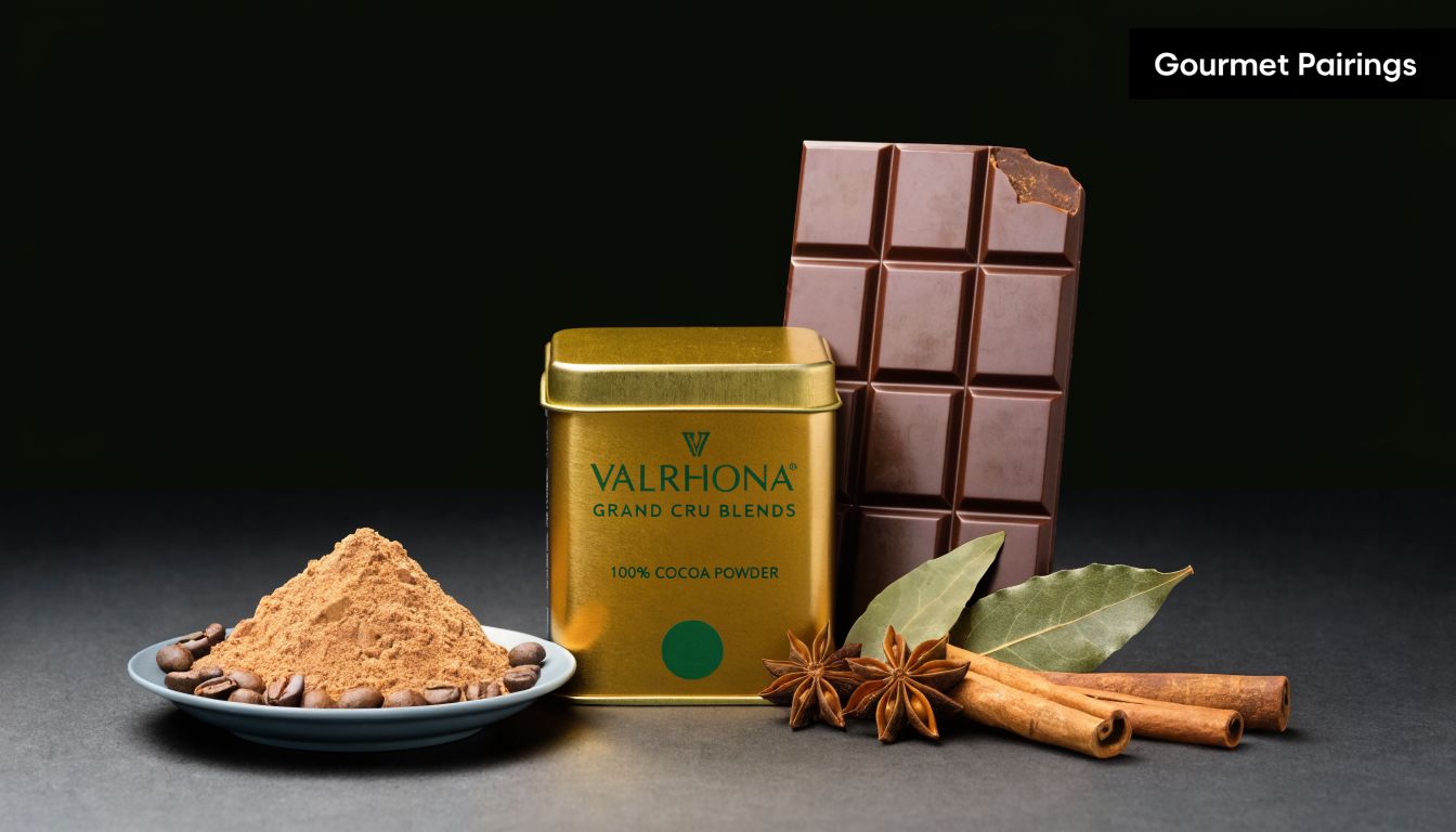 A golden tin of Valrhona cocoa powder displayed with chocolate, cinnamon sticks, star anise, and coffee beans.