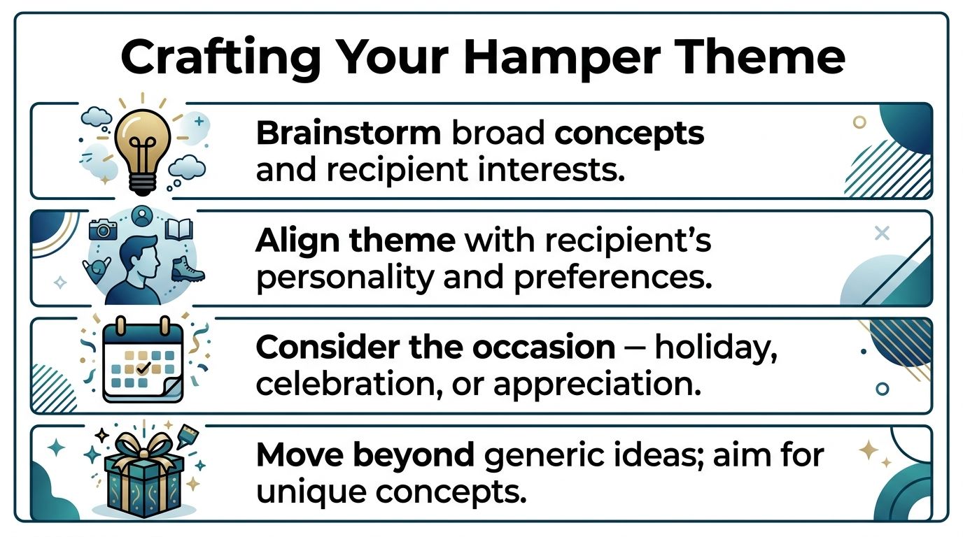 An infographic titled Crafting Your Hamper Theme with four numbered steps to help personalize gift hampers.