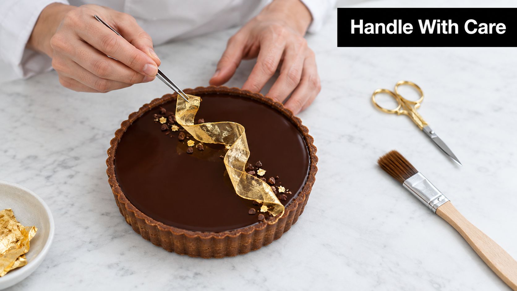 A pastry chef carefully places a delicate edible gold ribbon onto a smooth dark chocolate tart.