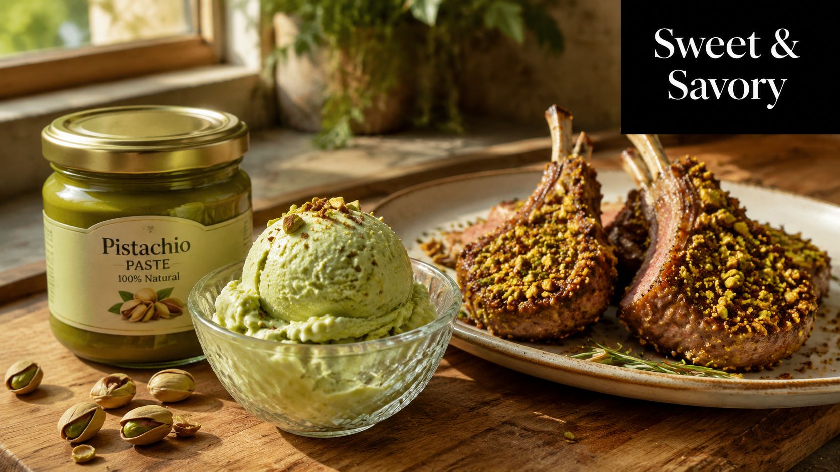 A glass jar of pistachio paste alongside a bowl of pistachio ice cream and pistachio-crusted lamb chops.