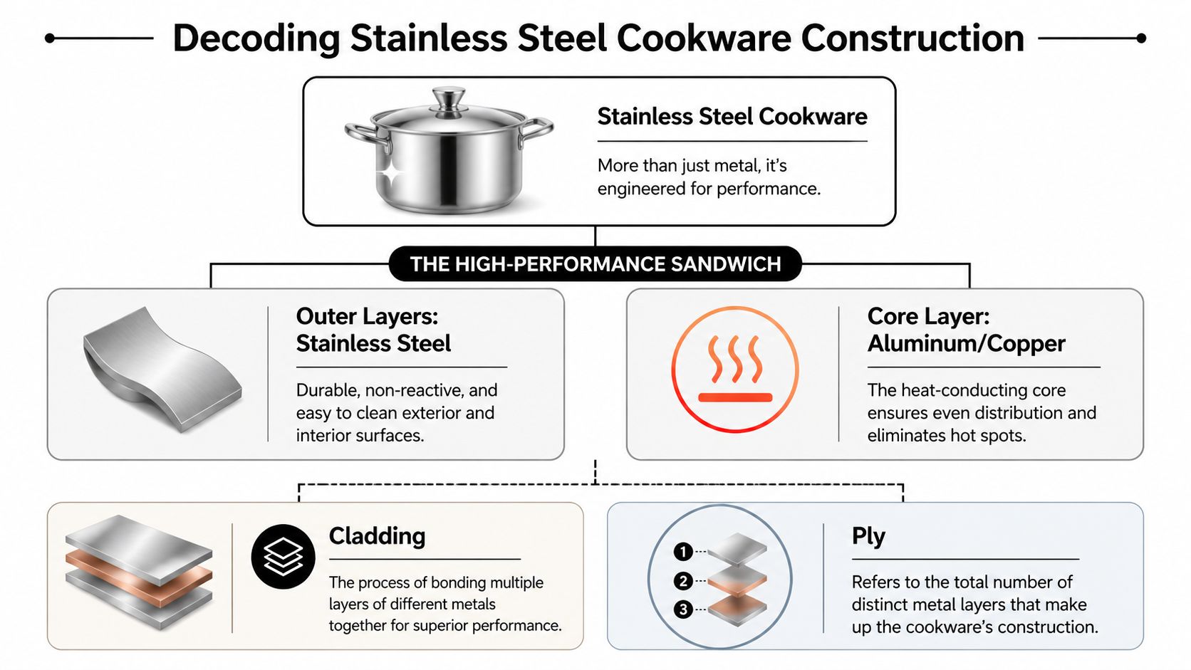 A diagram explaining stainless steel cookware construction, showing layers of metal, cladding, and ply technology.