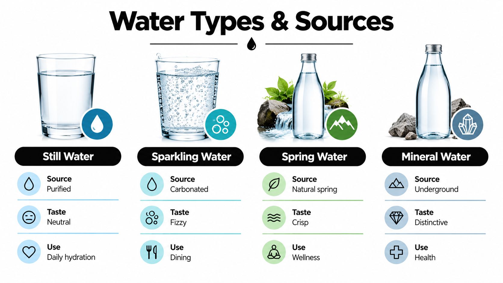 An educational infographic showing the four types of water including still, sparkling, spring, and mineral water.