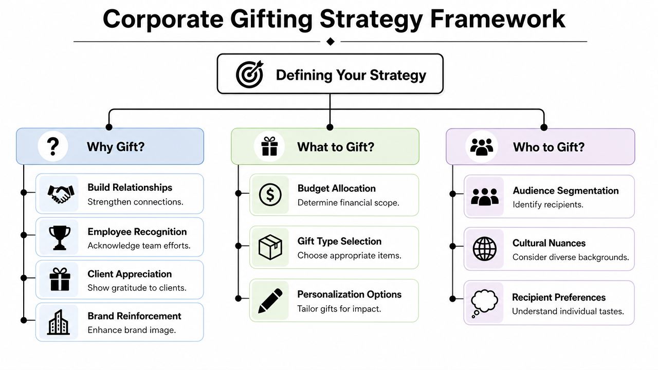 A corporate gifting strategy framework diagram outlining why, what, and who to gift in business contexts.
