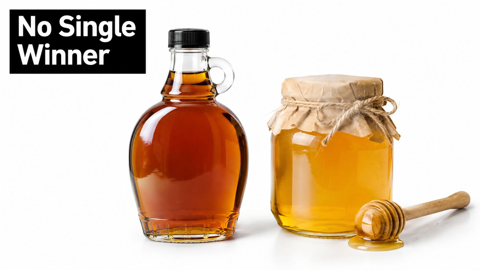 A glass bottle of maple syrup placed next to a jar of honey with a honey dipper.