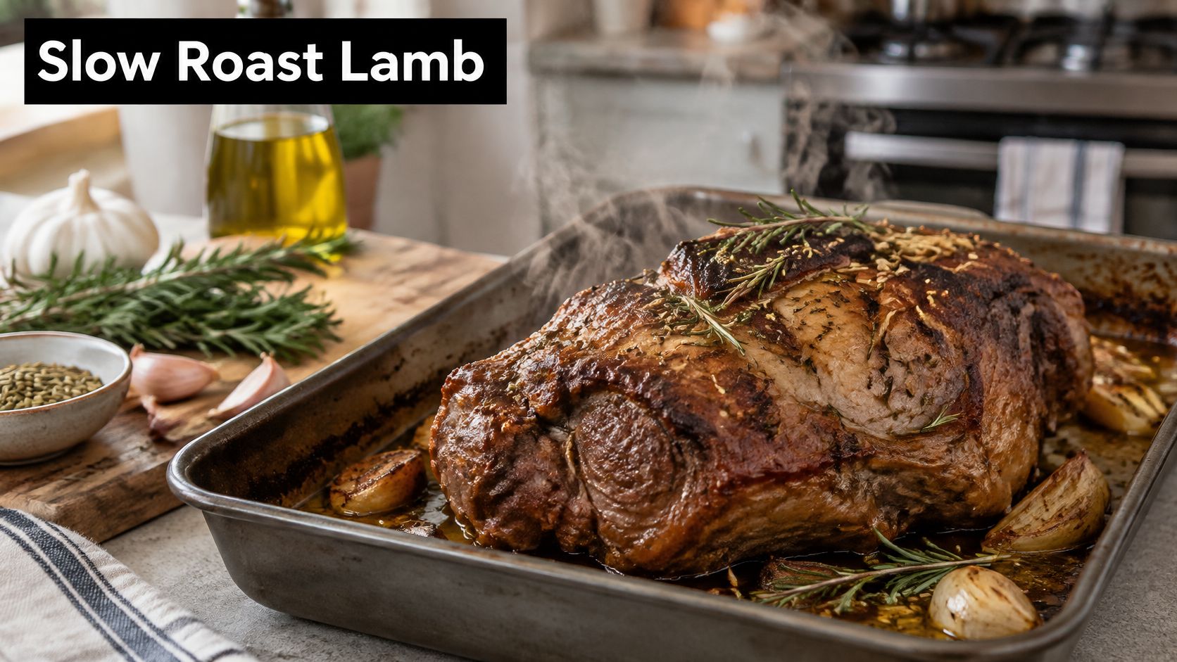 A steaming slow roasted lamb roast resting in a metal baking pan with rosemary and onions.