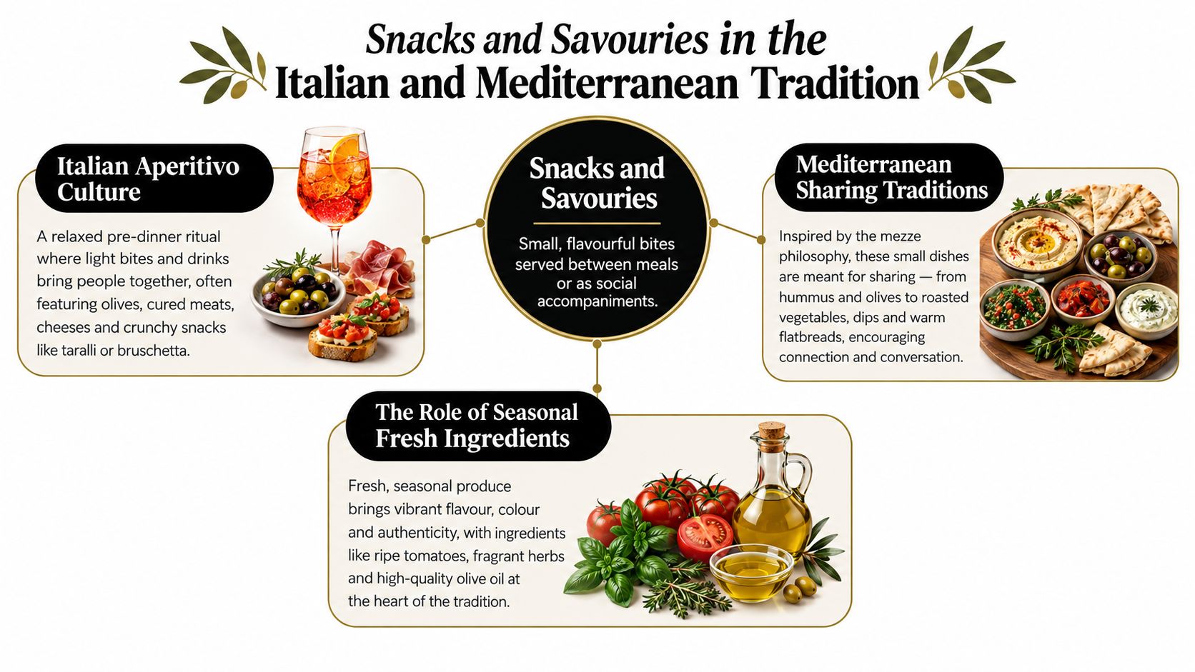 An infographic illustrating Italian Aperitivo culture, Mediterranean sharing traditions, and the importance of fresh seasonal ingredients.