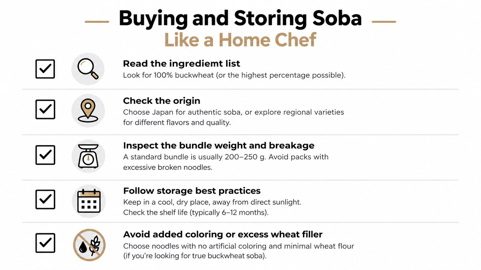A helpful infographic outlining tips for buying and storing high-quality buckwheat soba noodles at home.