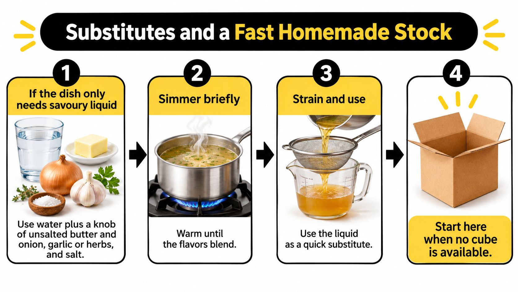A step-by-step infographic showing how to make a quick savory liquid substitute using simple household ingredients.
