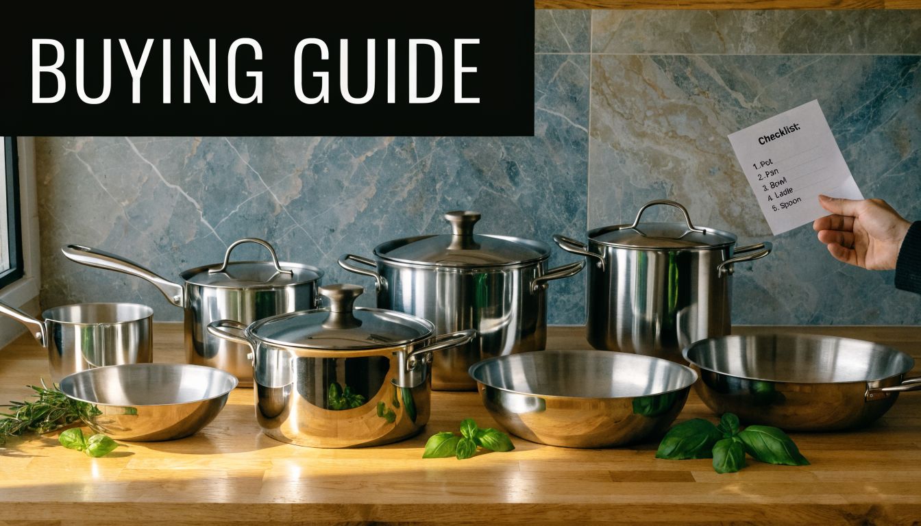 A professional stainless steel cookware set displayed on a wooden kitchen counter with a shopping checklist.