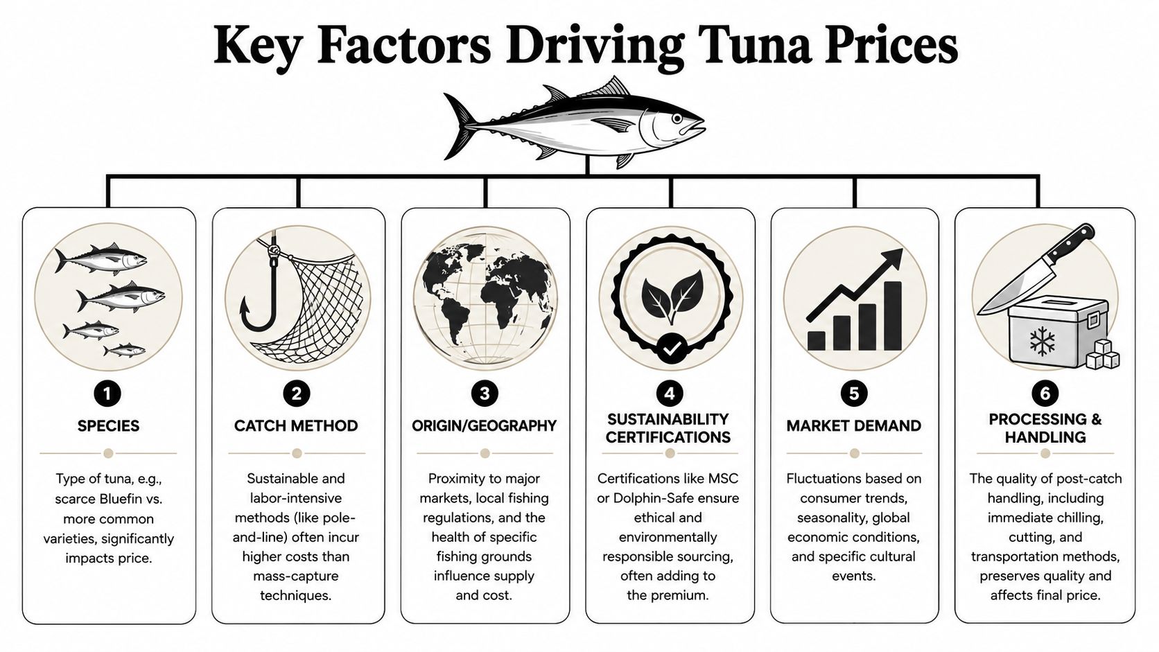 An infographic titled Key Factors Driving Tuna Prices showing six elements affecting the cost of tuna.