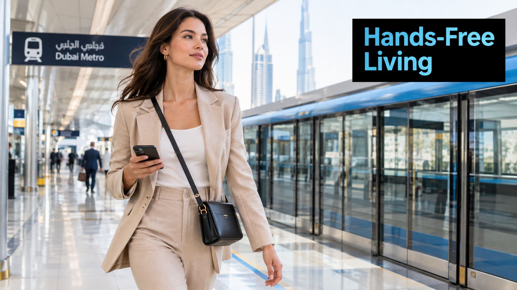 A stylish woman in a beige suit walking through a modern Dubai Metro station while wearing a crossbody bag.