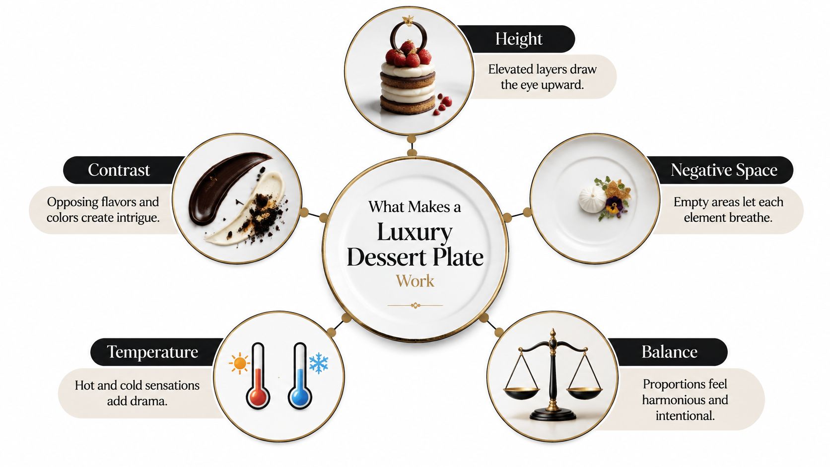 A diagram illustrating the key elements that make a luxury dessert plate, including height, contrast, and balance.