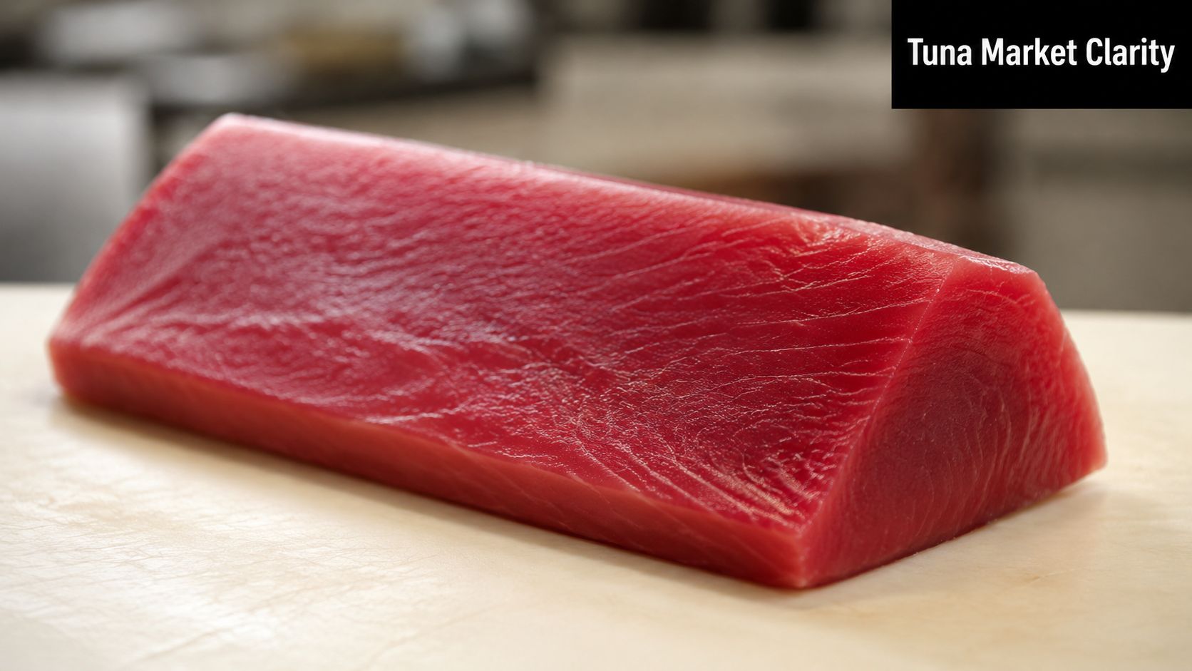 A high-quality piece of fresh, raw red tuna loin resting on a white cutting board surface.