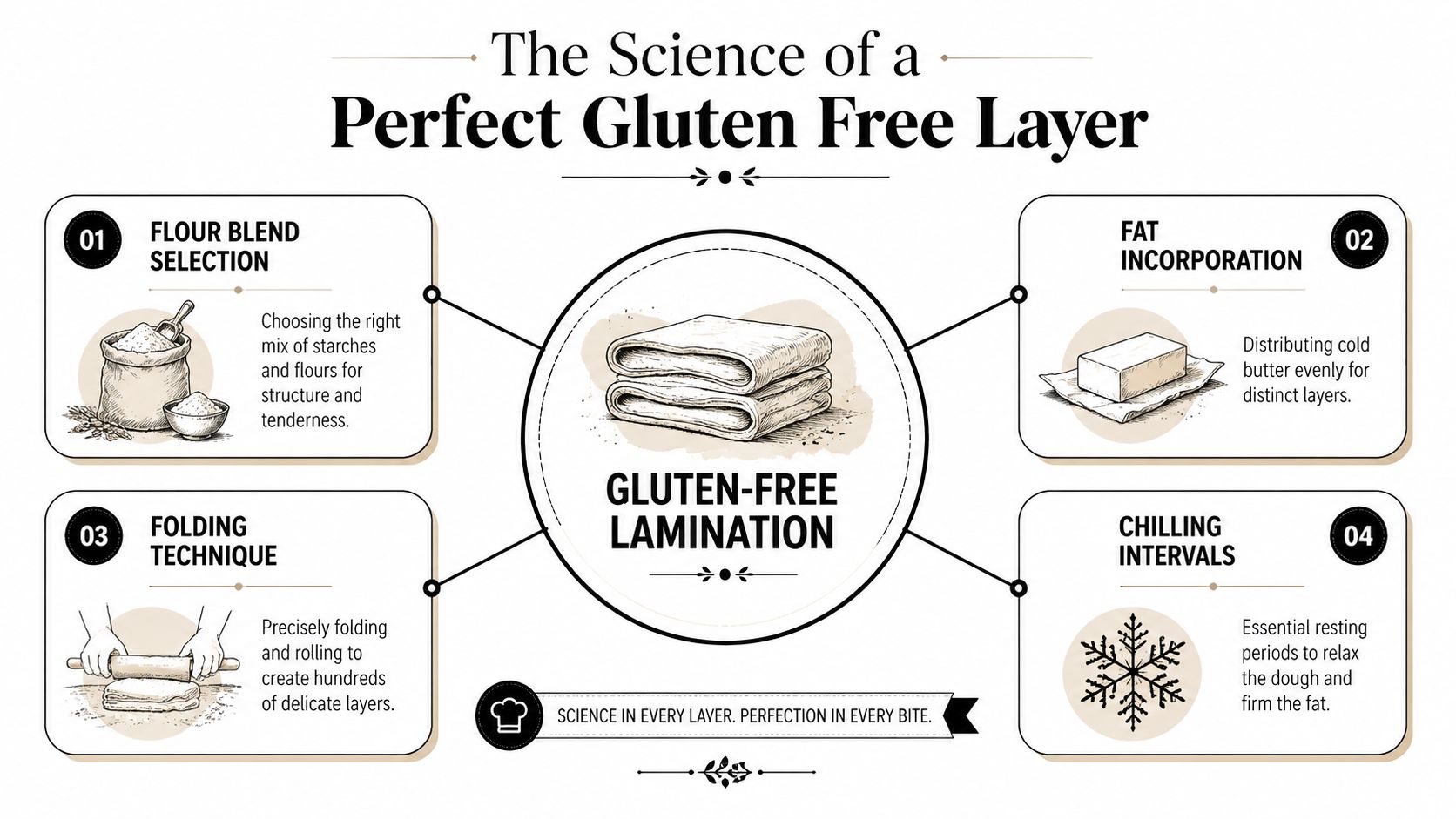 An infographic titled The Science of a Perfect Gluten Free Layer illustrating four essential lamination steps.