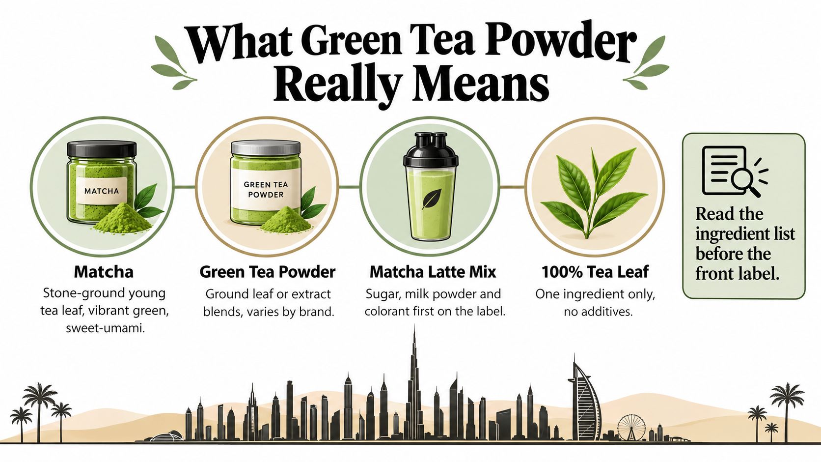 An infographic comparing different types of green tea products including matcha, powder, latte mix, and tea leaves.