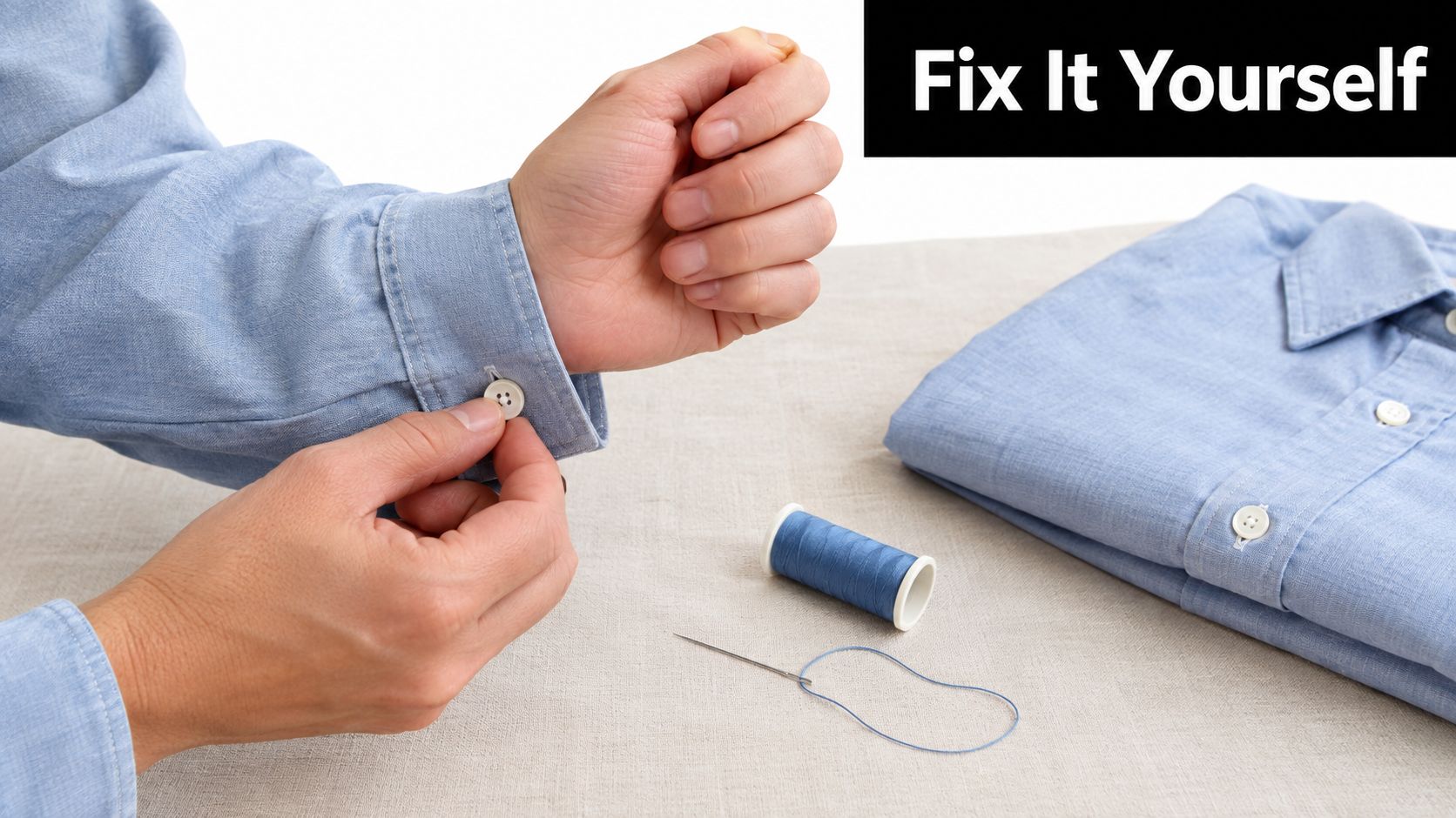 A person sewing a button onto a light blue denim shirt with thread and a needle.