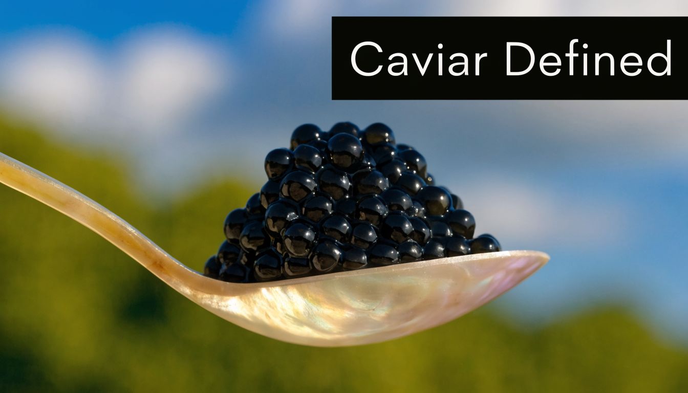 A close-up view of a mother-of-pearl spoon filled with a mound of luxurious black sturgeon caviar.