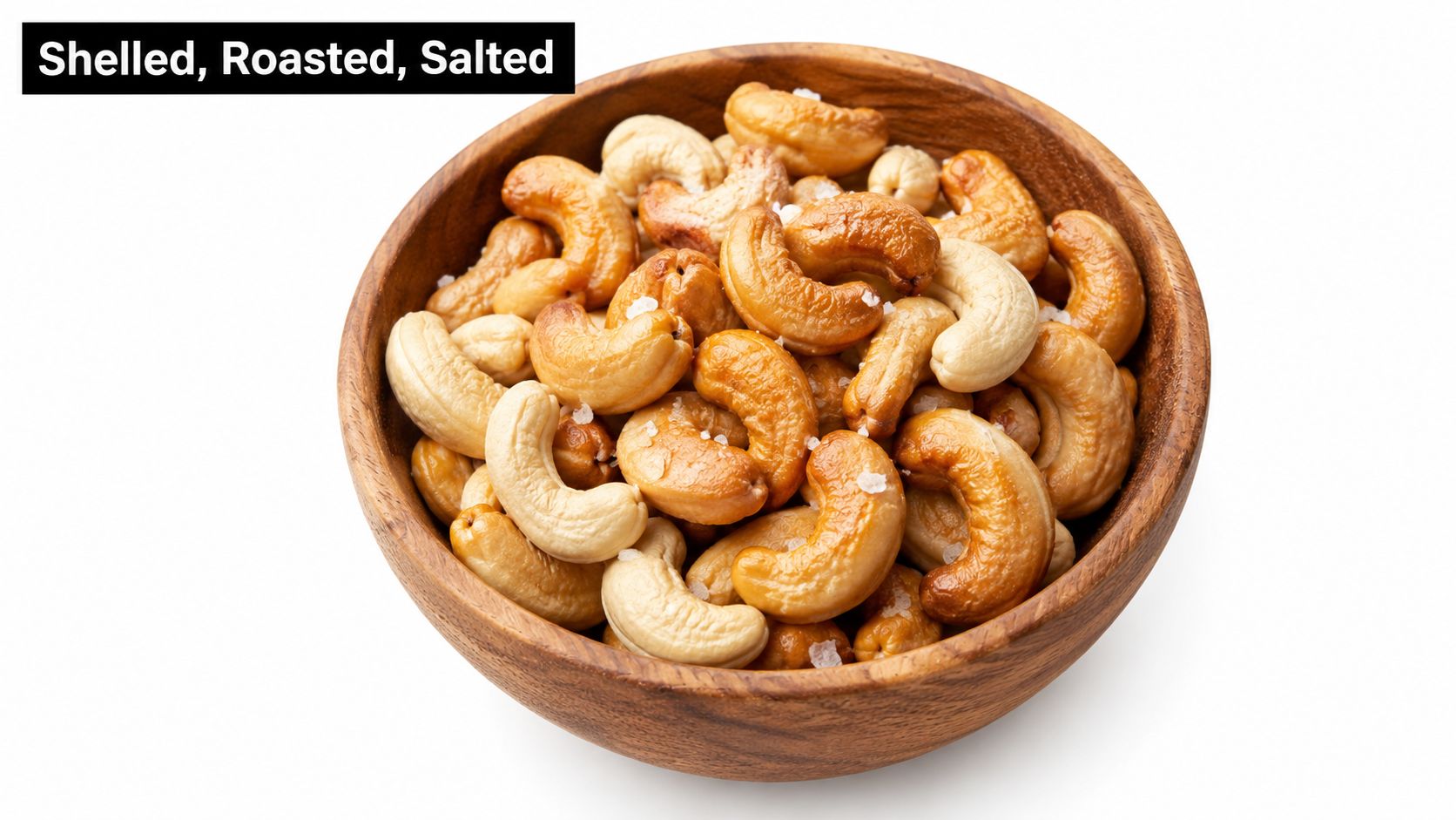 A wooden bowl filled with delicious shelled, roasted, and salted cashew nuts on a white background.