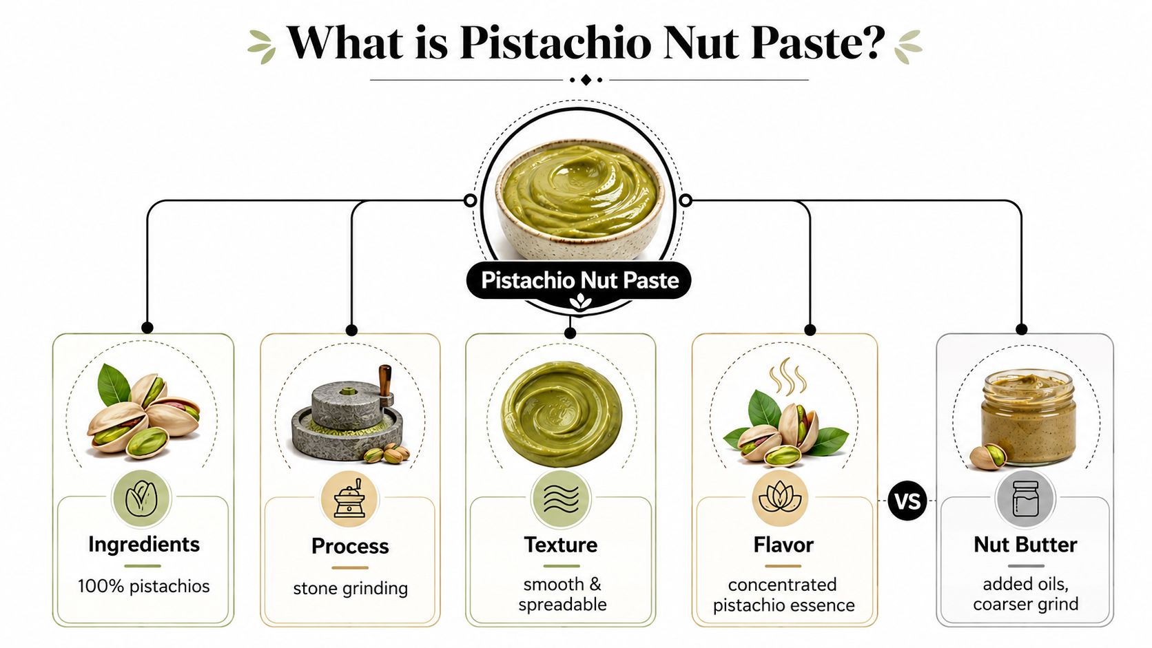 An infographic detailing the components and characteristics of pure pistachio nut paste compared to pistachio nut butter.
