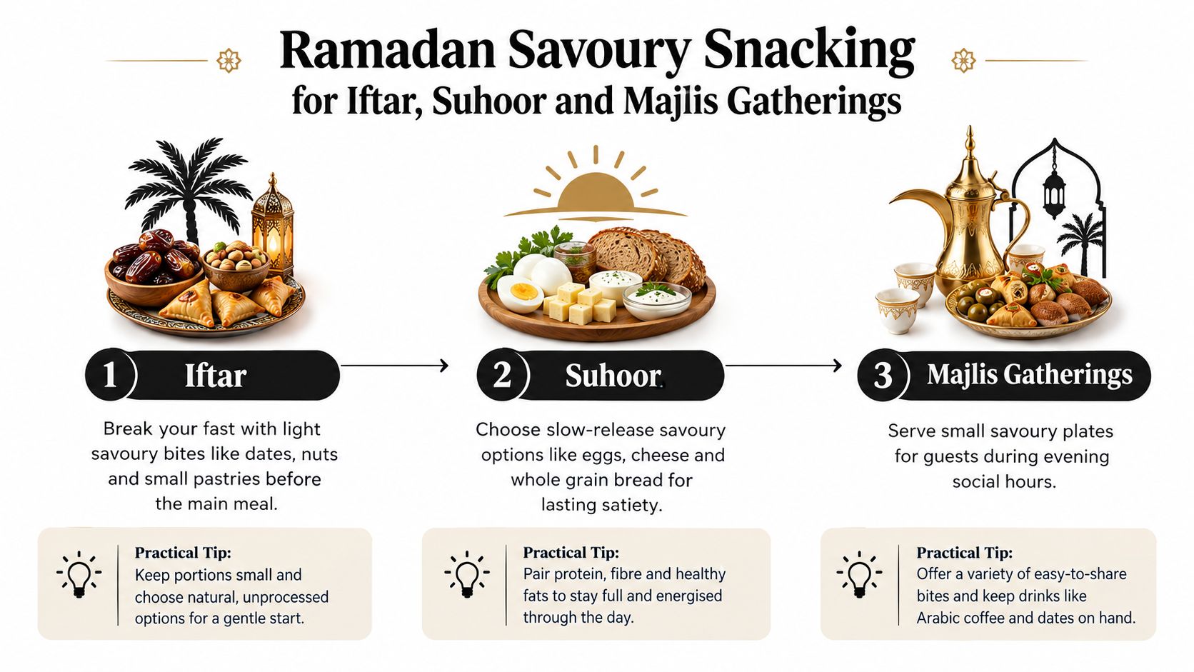 A visual guide for Ramadan snacking during Iftar, Suhoor, and evening Majlis gatherings with healthy food suggestions.