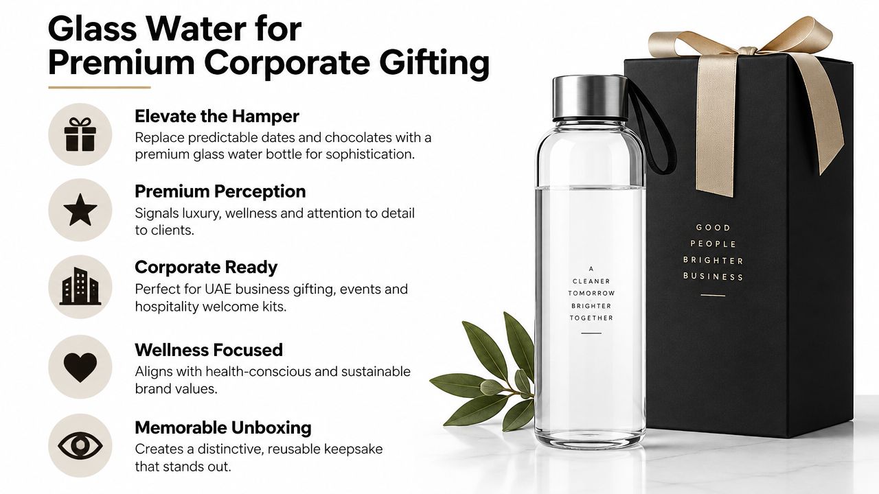 A glass water bottle placed next to a luxury black gift box for premium corporate gifting.