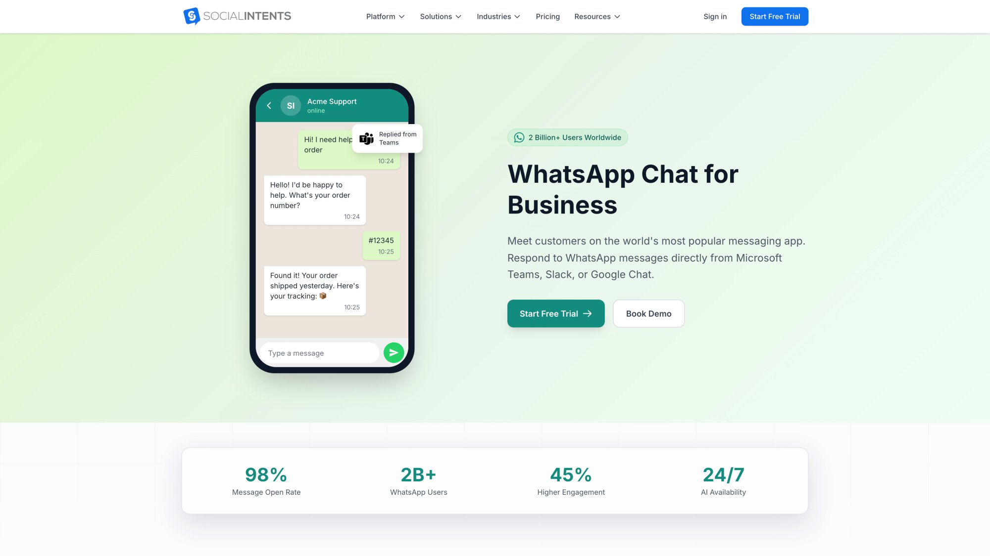 Social Intents WhatsApp Chat for Business page showing phone mockup with Teams integration, 98% open rate, 2B+ users, and Start Free Trial CTA