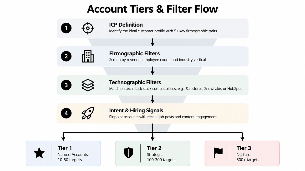 A funnel diagram illustrating the four-step process for organizing account-based marketing tiers and lead filtering.