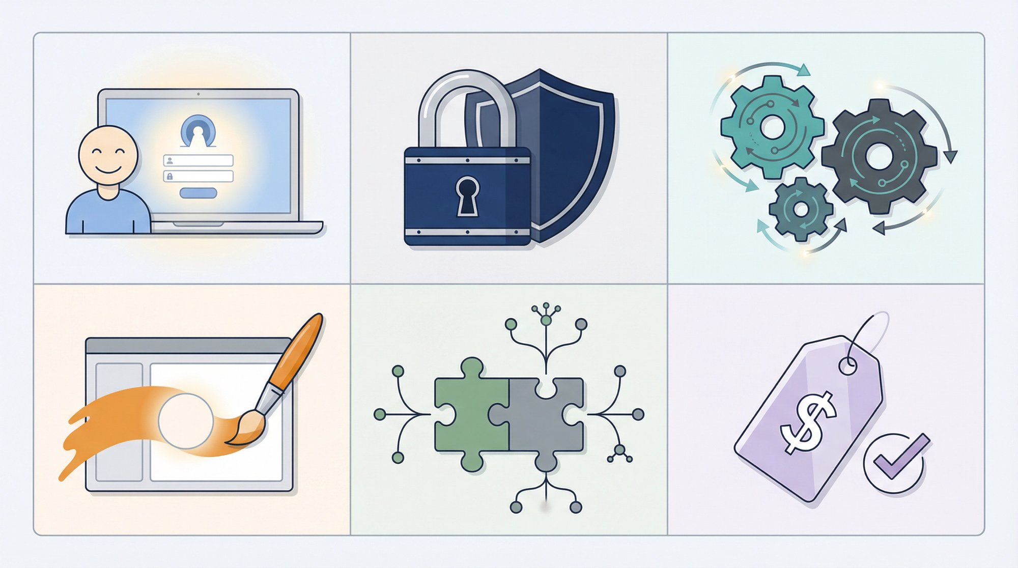 Six-panel editorial illustration showing the evaluation criteria for client portal software: client experience, security, workflow depth, branding, integrations, and pricing