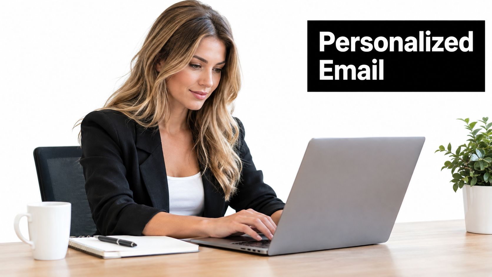 A professional woman in a blazer working on her laptop for personalized email marketing tasks.