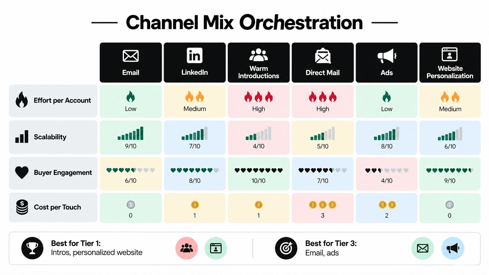 A marketing chart titled Channel Mix Orchestration comparing channels like email, LinkedIn, and ads by effort, scalability, and engagement.