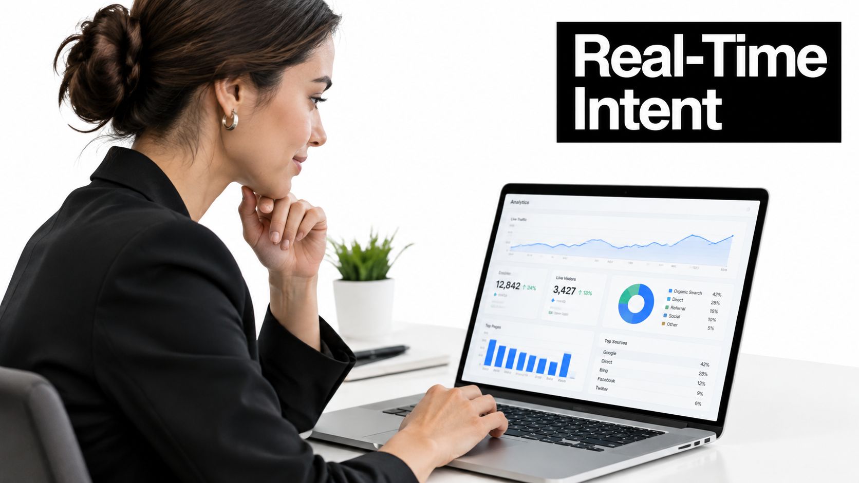 A businesswoman wearing a black blazer analyzing real-time analytics data on her laptop computer screen.