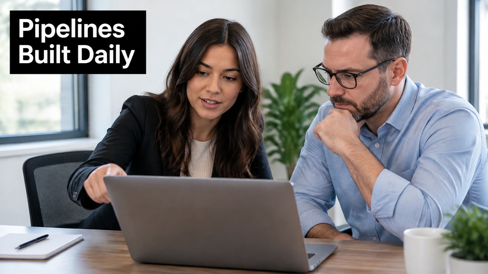 A professional woman and man collaborating together while analyzing data on a laptop in a modern office.