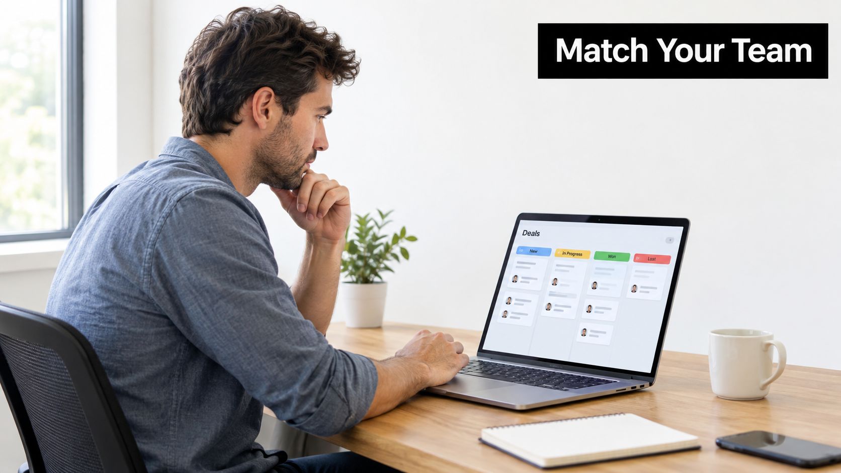 A man sitting at a desk thoughtfully reviewing a deal pipeline dashboard on his laptop screen.