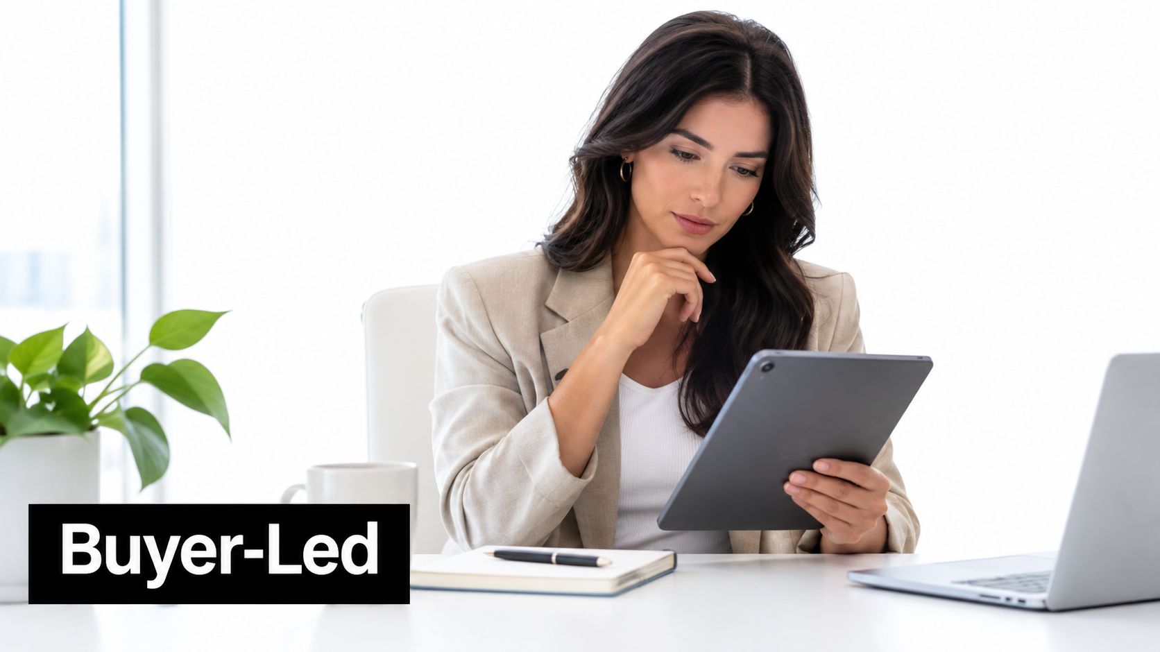A professional woman in a blazer reviewing information on her tablet while working at an office desk.