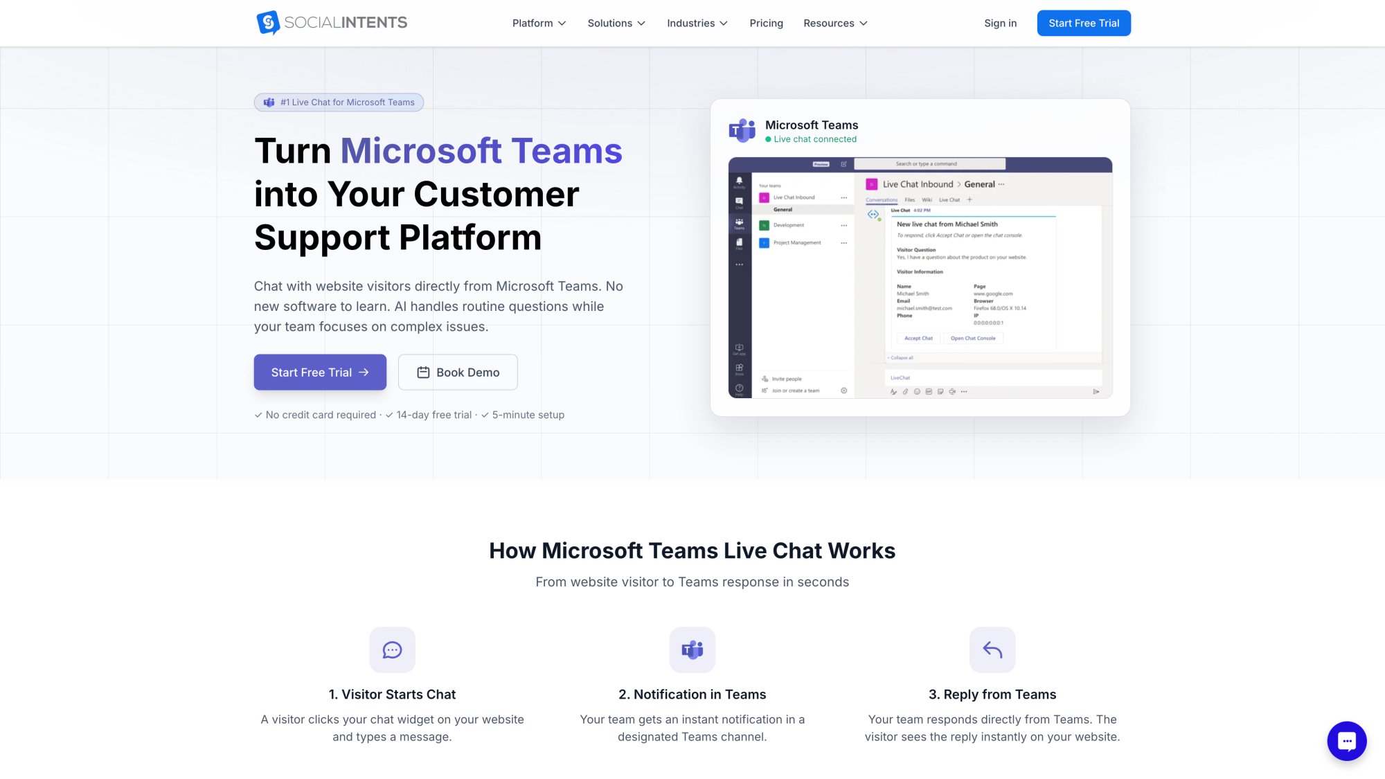 Social Intents Teams Live Chat page — "#1 Live Chat for Microsoft Teams" with real Teams UI showing live chat arriving in a Teams channel