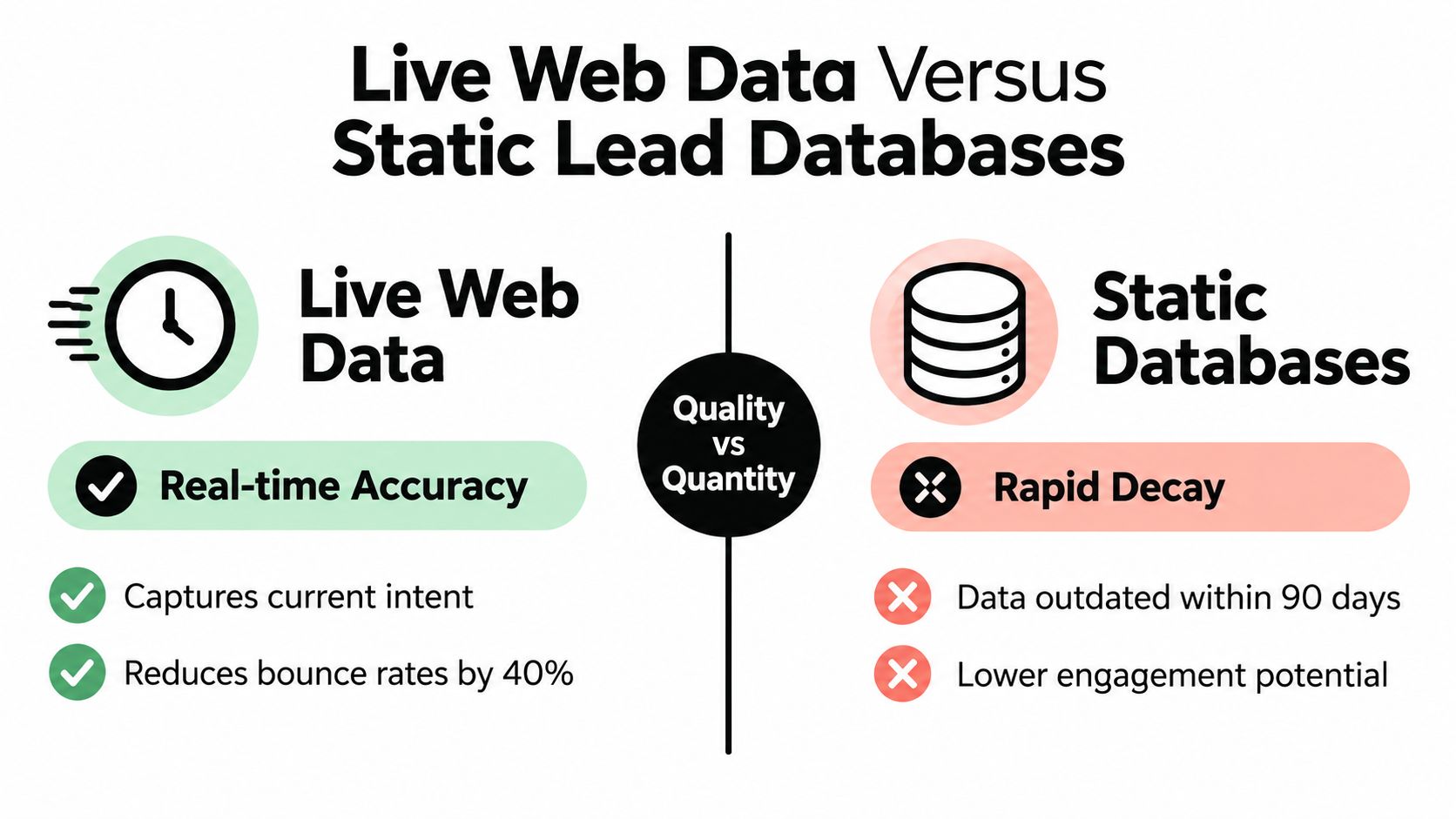 A comparison chart showing benefits of live web data over static lead databases for lead generation.