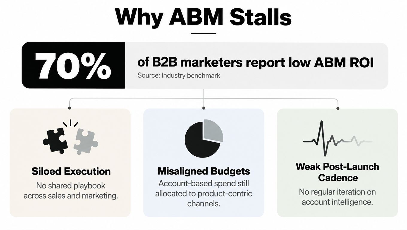 A chart illustrating the three primary reasons why account-based marketing campaigns fail for seventy percent of marketers.