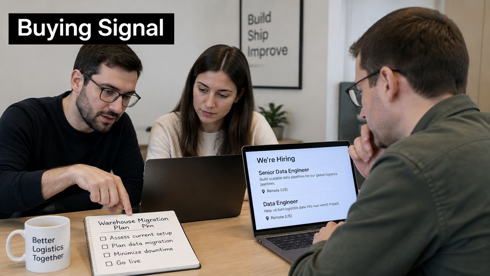 Three professional colleagues collaborating around a wooden table while discussing a warehouse migration plan on a notebook.