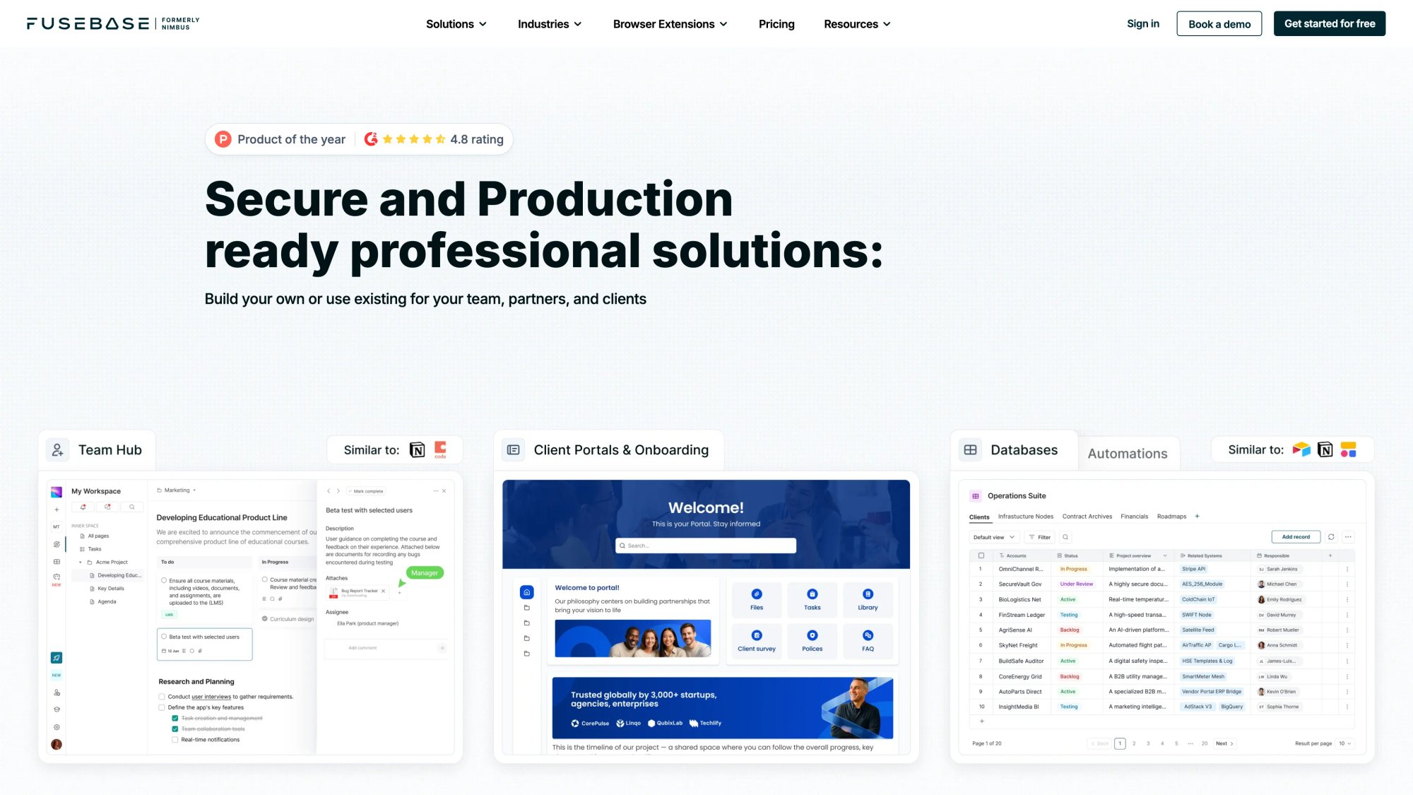 FuseBase homepage with client collaboration hub and portal features