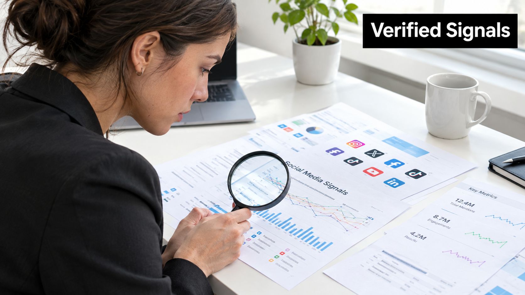 A businesswoman in a black suit examines a social media analytics report using a magnifying glass.